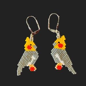Hand Crafted Brick Stitch Cockatiel Lever Back Earrings - Unique Artisan Jewelry